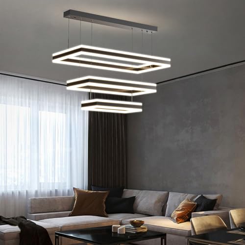 Modern Chandelier, 3 Layer Rectangle Pendant Light Fixtures, 3000K-6500K Dimmable Kitchen Island Chandelier, Adjustable Height Ceiling Hanging Led Light for Dining Room, Living Room, Foyer