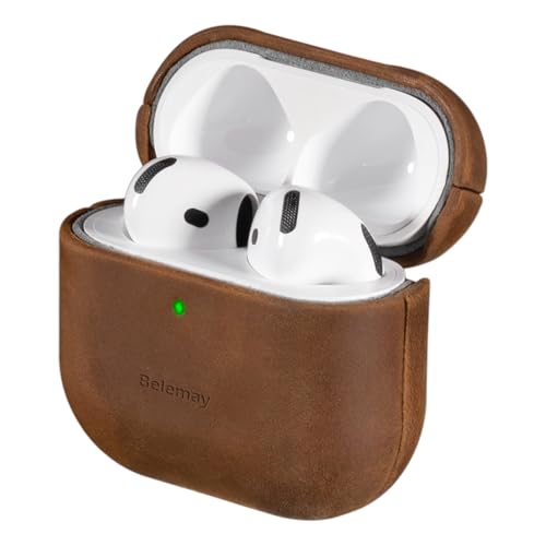 Belemay Handcrafted Crazy Horse Leather Case for AirPods 4 (2024) Vintage Aesthetic Two-Tone Effect Unique Patina Compatible with MagSafe Compatible with Airpods 4th Gen Rustic Brown