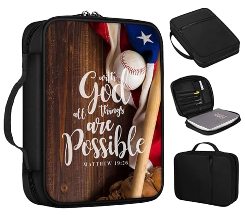 EDGFRTOIO Bible Cover, With God All Things Baseball Bible Case with Handle and Zippered Pocket Standard Size Holy Bible Bag Women Gifts, Church Bag Portable Bible Carrying Book Case for Bible Study