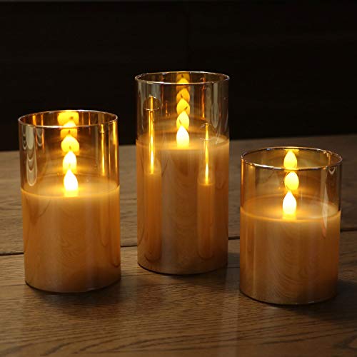 Gold Glass Battery Operated Flameless Led Candles with 6H Timer , Warm White Flickering Light, Batteries Included - Set of 3
