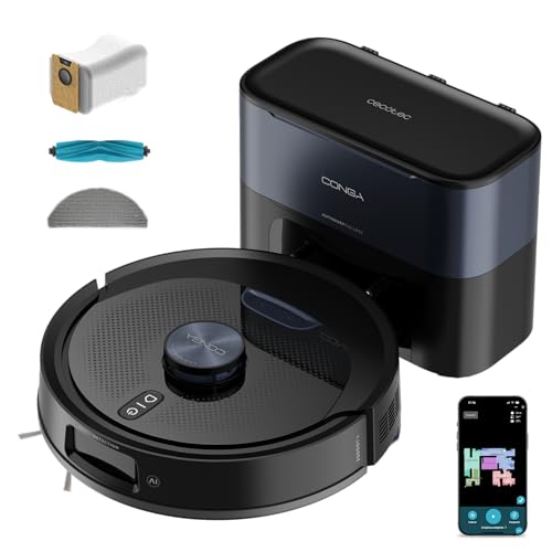 Cecotec Robot Aspirador y Friegasuelos con Base Autovaciado e IA Conga Y90 Dark. Navegación Láser, 25000Pa, Autonomía 240min, Cepillo Silicona para Mascotas, Bolsa de Polvo 3L, Bluetooth y WiFi, App