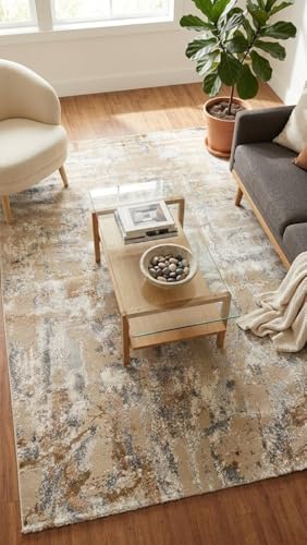 Image of 6x9 Feet (180x270 CM) Carpet for Living Room Hall & Bedroom - Ivory Multi Wave Modern Abstract Geometric Silk-Touch Luxury Hotel-Style Washable Anti-Skid Turkish Area Rug