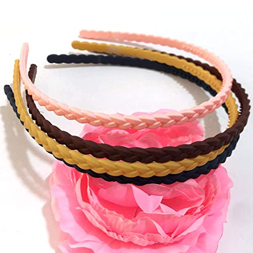 Image of Kiyan 12 Pcs Thin Plastic Hair Bands for Women & Girls | 6mm Braided Pigtail Style Headbands with Teeth Comb for Strong Grip | Multicolor Daily Wear Hair Accessories for Kids & Teens