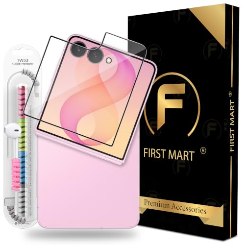 Image of FIRST MART Tempered Glass for Samsung Galaxy Z Flip 8 5G, 9H 0.3 mm Full-Glue Screen Protector with Cable Protector, 3D Edge-to-Edge, HD Clear, Case-Friendly, Black, Pack of 1