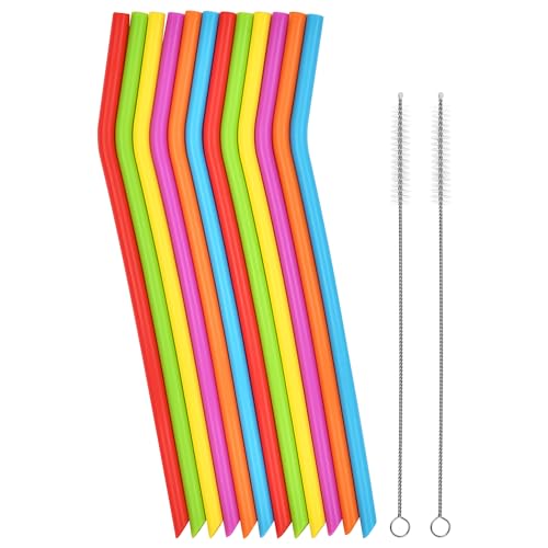 Reusable Silicone Drinking Straws, 12 Pcs Long Flexible Straws with 2 Cleaning Brushes for 20 and 30 oz Yeti-Rtic-Ozark Tumblers, BPA free, no Rubber Taste