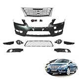 Sentra Front Bumper Cover Kit Compatible with 2013 2014 2015 Nissan Sentra S SV SL Complete Front Bumper & Upper and Lower Grille w/Fog Light Lamp and Bracket Kit