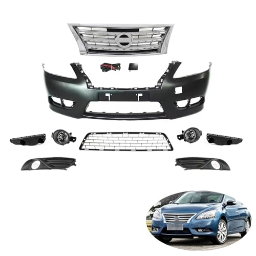 Sentra Front Bumper Cover Kit Compatible with 2013 2014 2015 Nissan Sentra S SV SL Complete Front Bumper & Upper and Lower Grille w/Fog Light Lamp and Bracket Kit