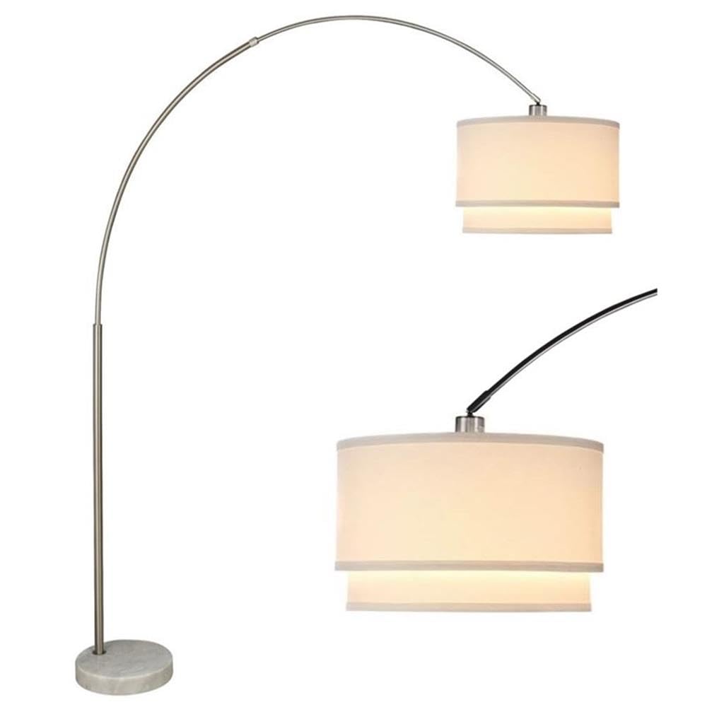 SH Lighting 6938 Brush Steel Arching Floor Lamp with Marble Base - Features Large Drum Style Shade - 81" Tall Fits in Living or Bedrooms (White-Double)