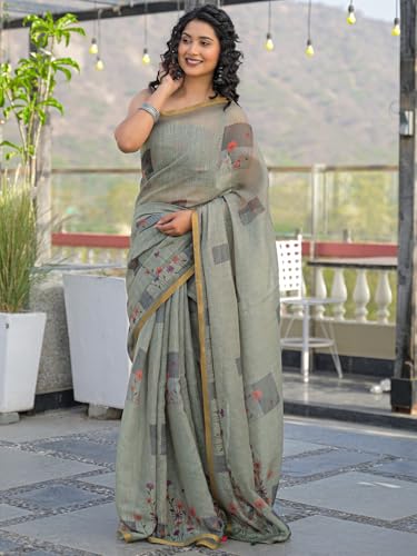 Image of SIRIL Women's Cotton Linen Printed Zari Border Saree with Unstitched Blouse Piece