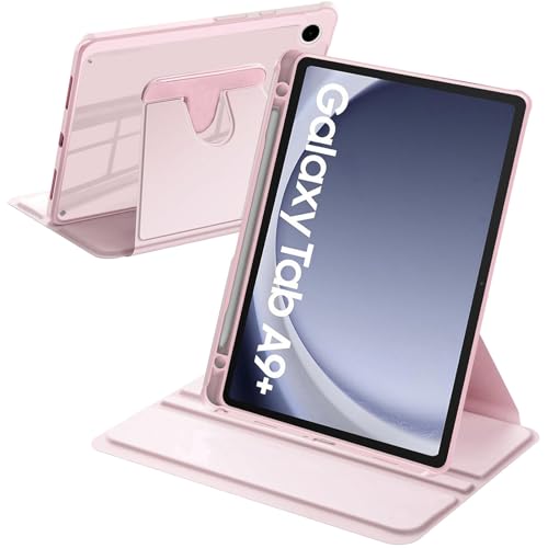 A-BEAUTY Funda Giratoria Compatible con Samsung Galaxy Tab A9 Plus 11 Pulgadas 2023 (SM-X210/X215/X216/X218) con Soporte S Pen, Rotación de 360° Respaldo Clara, Auto-Sueño/Estela, Rosa