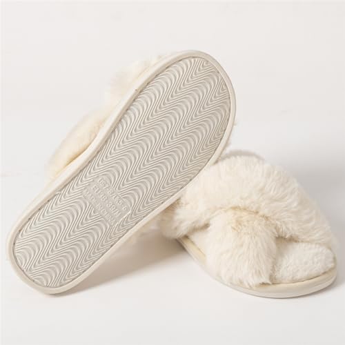 Image of Women's Cross Band Fuzzy Slippers Fluffy Open Toe House Slippers