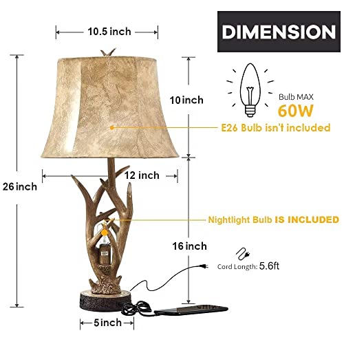 Dungoo Rustic Western Deer Table Lamps with Nightlight Set of 2, 26" Rustic Bedside Lamps for Bedroom with 2 USB Ports, Natural Antler Table Lamp for Christmas Living Room Foyer Office