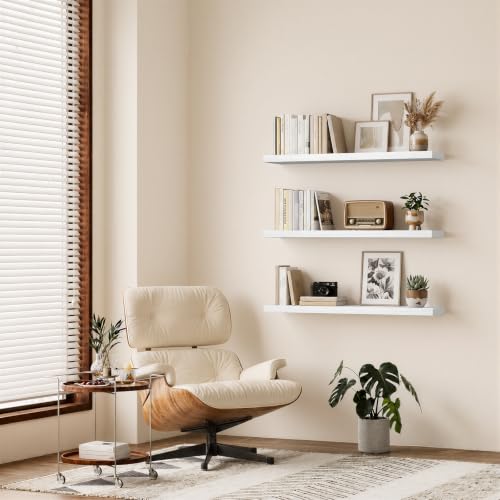 Image of BAYKA Floating Shelves, 47.2 inches Long Heavy Duty Wall Mounted Rustic Wood Shelves for Bathroom, Bedroom, Living Room, Kitchen, Office, Hanging Shelf for Books /Storage /Decor(White,Set of 2)