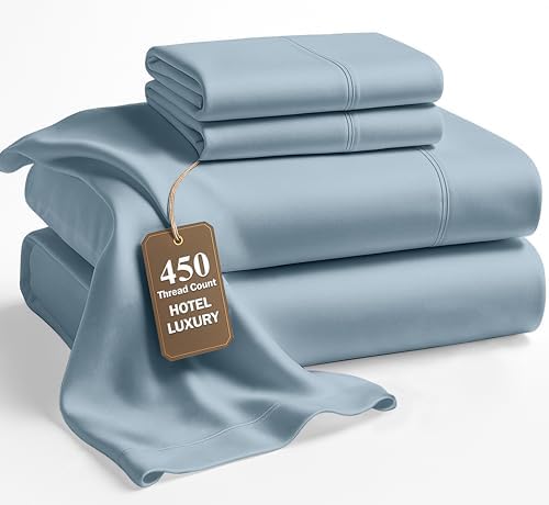 Lane Linen King Bed Sheets – 450 Thread Count Long-Staple 100% Cotton King Size Bed Sheets, Hotel Luxury Soft Silky Sateen Weave, Durable for Daily Use, Fully Elasticized 15" Deep Pocket – French Blue - Thumbnail 3