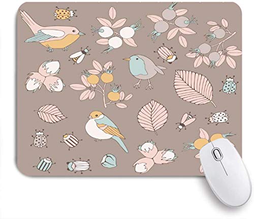 Preisvergleich Produktbild Benutzerdefiniertes Büro Mauspad,Beetle Spring Collection Beeren Vögel Natur Hagebutte Botanik Mais Doodle Zeichnung gezeichnet,Anti-slip Rubber Base Gaming Mouse Pad Mat
