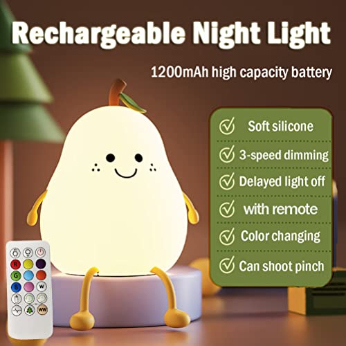 Image of LEDHOLYT Night Light for Kids, Cute Silicone Nursery Pear Lamp for Baby and Toddler, Fruit NightLight with Remote, Squishy Night Lamp for Bedroom, Kawaii Bedside Light for Boys Girls Room