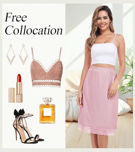Image of Lovasy Women Satin Half Slips Lace Long Underskirt Anti Static Under Skirt Soft Slip Dress for Skirts Dresses S-3XL