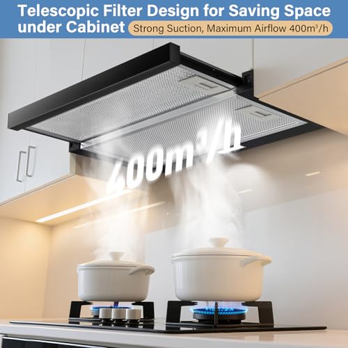 KICHPOWER Flachschirmhaube Dunstabzugshaube 60 cm, A+++, 400 m³/h, Einbau Flach Abluft Abzugshaube, Teleskopischer Aluminiumfilter, mit 2 Aktivkohlefiltern und Rauchrohr, LED-Beleuchtung