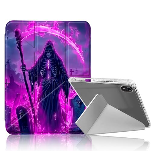 DISUOFEART for iPad A16 (11th Generation) Case, Skeleton with Scythe Tombstones Slim Stylish Clear Protective Cover with Pencil Holder, Multi-Angle Folding Y-Shaped Stand & Auto Sleep/Wake Function