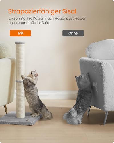 Feandrea Kratzbaum, 85 cm hoch, Kratzsäule, Katzenbaum, Kratzstamm für Kätzchen und Normale ausgewachsene Katzen, Sisalstamm, mit Plüschball und Glocke, Taubengrau PCA040G01