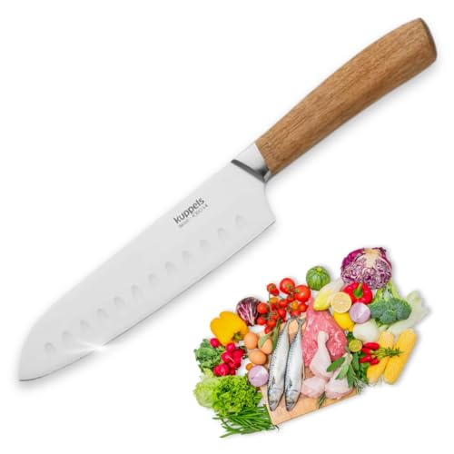 Kuppels Wood Santoku Messer mit Kullenschliff, 17 cm Klingenlänge, extrem scharf & schnitthaltig, Messer mit Holz-Griff aus Akazie, rostfrei & poliert, japanischer Messer-Typ, Allesschneider
