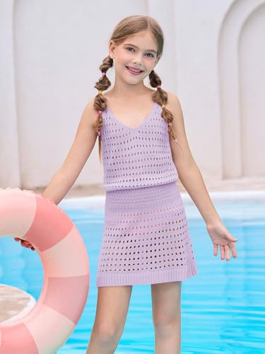 Image of Haloumoning Girls Sleeveless Crochet Swimsuit Cover Up Kids Summer Hollow Out Knitted Beach Dress 7-14 Years
