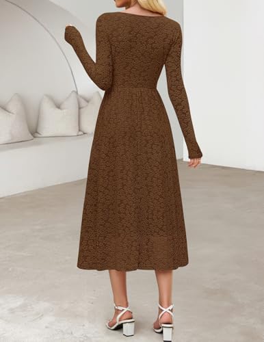 MEROKEETY Women's Floral 2025 Fall Midi Dresses Long Sleeve Square Neck Flowy A Line Wedding Ruched Dress Pockets3