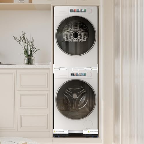 NIUXX Universal Zwischeneinbaurahmen Set für Waschmaschine und Trockner, Waschmaschinen Verbindungsrahmen Kit mit Regalbrett, Stapelbausatz mit Ratschenseil, Zwischeneinbausatz für Waschküche