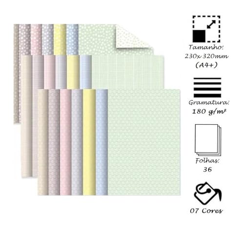 Papel Bloco Ecocores A4 Textura Visual 3 - Tons Pastéis - 7 Cores 3 Estampas 180g 36 folhas Frente e