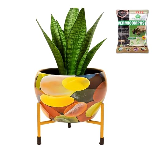 Image of Natural Earth Metal Flower Vase Planter Pot with Iron Stand | Decorative Plant Cachepot for Indoor & Outdoor Use | Succulent Pot for Home & Garden Decor (Abstract Graphic)