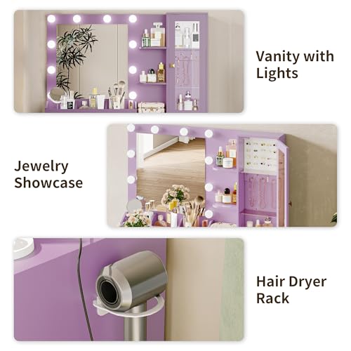 Image of Vanity Desk with Mirror and Lights, Purple Makeup Vanity with 5 Drawers Hidden Jewelry Organizer& LED Glass Cabinet,3 Light Mode and Brightness Adjusted,Vanities Mirror with Lights Desk and Chair