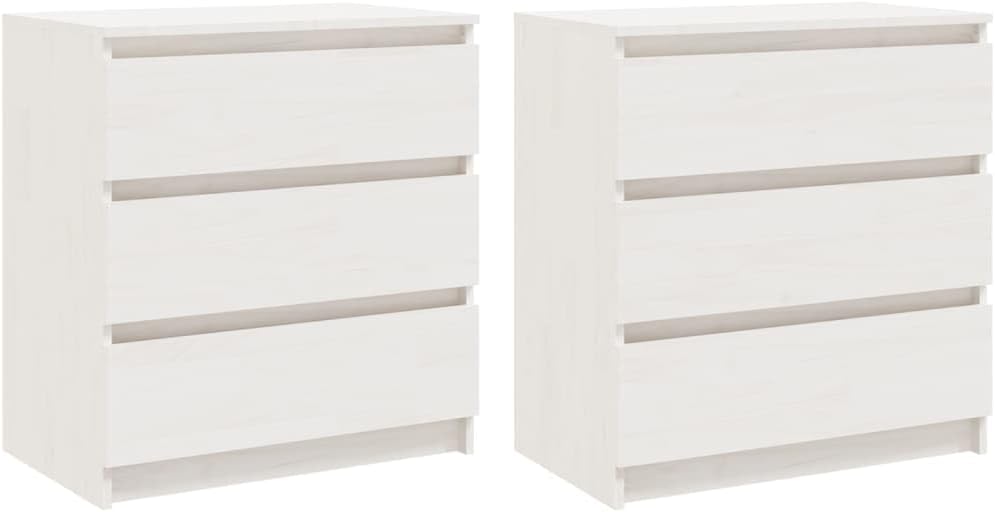 vidaXL 2X Massivholz Kiefer Nachttisch mit 3 Schubladen Nachtschrank Nachtkonsole Nachtkommode Schlafzimmer Schrank Kommode Weiß 60x36x64cm