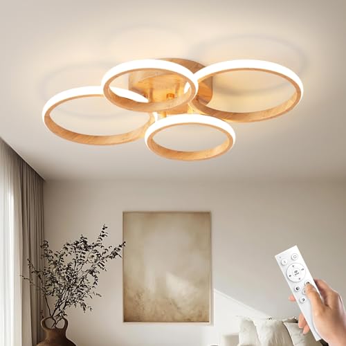 Dimmable LED Semi Flush Mount Ceiling Light Fixture with Remote Control 3-Color Dimming Circle Modern Light, Close to Ceiling Bedroom Kitchen Hallways Balcony Corridor Lamp (4 Ring LightWood)