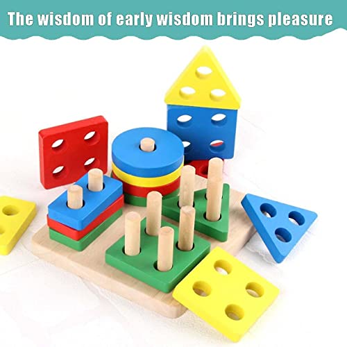 Image of PLUSPOINT Wooden Stackable Blocks & Shape Sorting Board Geometric Shape Stacker Wooden Toy Early Childhood Development Toys for Fine Motor Skills, 16 Pcs