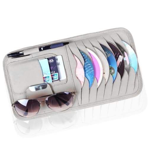 Luminuti Car Cd Holder, Large Sun Visor Organizer Pocket for Car, Car DVD Vehicle Visor Case with 8 Sleeves, 1 Pen Holder, 3 Card Holder, Universal for Most Car (Grey)