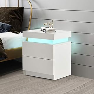 LEMROE Bedside Table with High Gloss Fronts and Adjustable 16 Colors USB LED Lights Bedroom Storage Unit with 2 Drawers Chest Of Drawers for Home Bedroom Living Room (White)