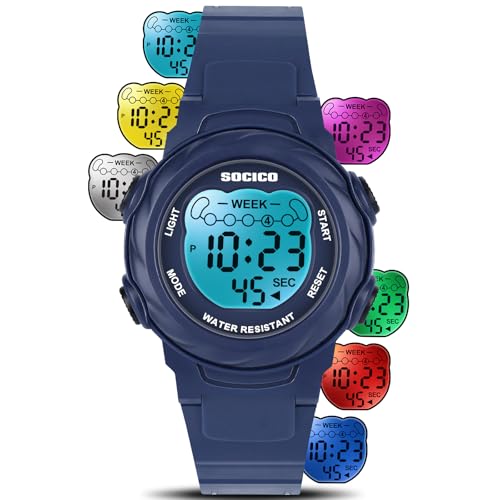 SOCICO Kids Digital Watches for Girls Boys, 7 Color Lights Waterproof Sport Outdoor Wristwatch with Stopwatch, Alarm, Date, Great Gift for Child Ages 5-12