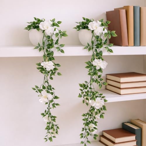 Image of Blessence Set of 2 Artificial Flower Creeper Hanging with Pot 99 cm, Ivy Vine Garland with Small Size Pot for Home Office Wall Shelf Table Living Room Decor (Green and White)