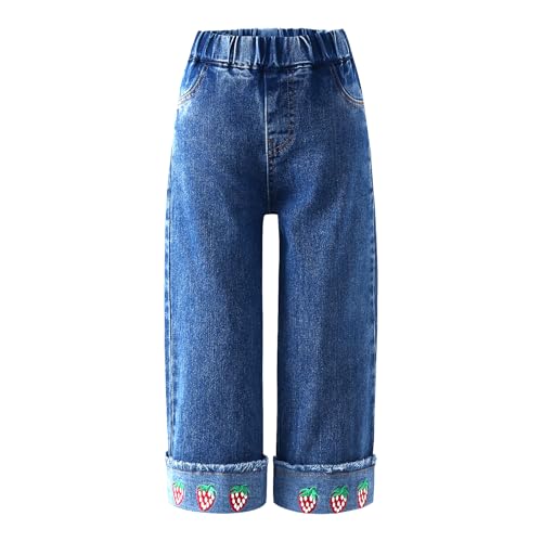 Girls Stretch Waist Jeans | Toddler Straight Leg Denim Pants with Roll-Up Cuff & Strawberry Embroidery | Comfortable