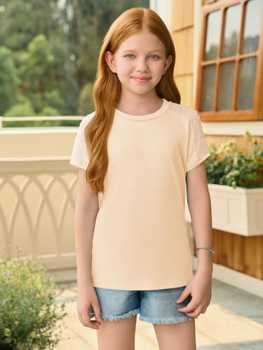 Image of Haloumoning Girls Summer Swiss Dot Short Sleeve T-Shirts Kids Crewneck Tops Cute Fashion Tees 5-14 Years
