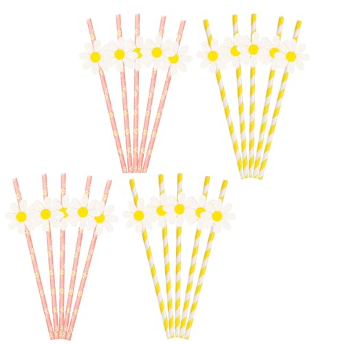 CONGGUAN 20 PCS Daisy Paper Straw Disposable Daisy Flower Decorative Party Dringking Straw co Friendly Disposable Drinking Straws for Parties Weddings Baby Showers Vibrant Floral Design