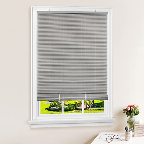 Image of Cordless Solstice Vinyl Roll-Up Blind - 60 Inch Width, 72 Inch Length, Quarter Inch Vinyl Slats - Grey - Soft Light Filtering Horizontal Windows Blinds for Indoor & Ourdoor by Achim Home Decor
