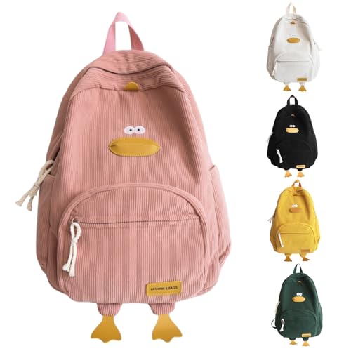 TJJII Mochila de veludo cotelê Kawaii fofa e divertida de grande capacidade, rosa, Large, Formato de pato