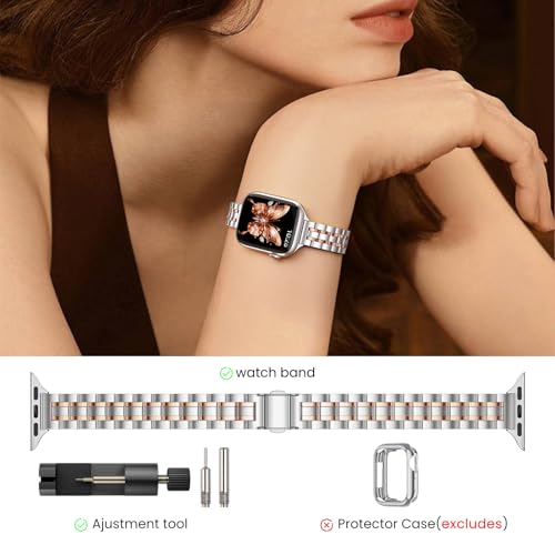 Image of STIROLL Thin Replacement Band Compatible for Apple Watch 38mm 40mm 41mm 42mm(Series 11 10), Stainless Steel Metal Wristband Women Men for iWatch Ultra SE Series 9 8 7 6 5 4 3 2 1, Silver Rose Gold