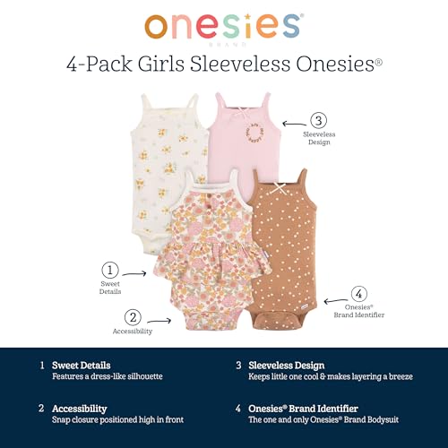Image of Gerber Baby Girls Multi-Pack Sleeveless Onesies Bodysuit
