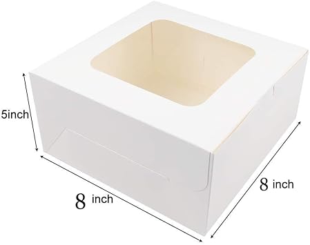 25 Pack 8x8x5 Inch White Square Bakery Boxes w/ Window for Cake & Pastries