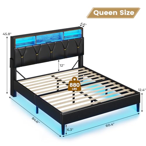 BTHFST Queen Bed Frame with LED Lights & Charging Station,LED Bed Frame Queen Size with Storage Shelf Headboard,Faux Leather Upholstered Bed, Black PU