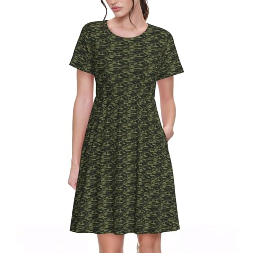 ERCgad Robe à manches courtes pour femme - Imprimé camouflage - Polyvalente - Pour le bureau, le week-end, les vacances, les fêtes, Noir , L