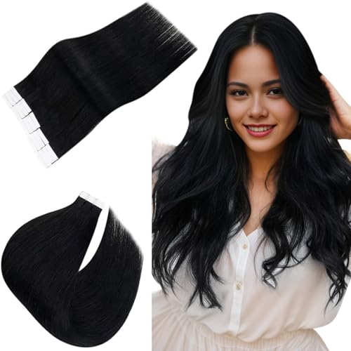 Easyouth Black Tape in Hair Extensions Human Hair Tape in Extensions Jet Black Tape in Real Hair Extensions Remy Glue in Extensions Natural Invisible 12 Inch 30g 20Pcs