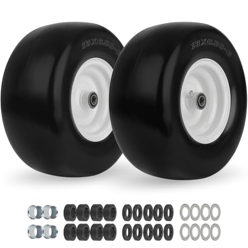 GICOOL 2-Pack 13x6.50-6 Flat Free Lawn Mower Tire and Wheel Assembly 13 Smooth Tread Solid PU Tire with 3/4 or 5/8 Bearing 4-6.5 Adjustable Centered Hub for Lawn Mowers & Garden Tractors